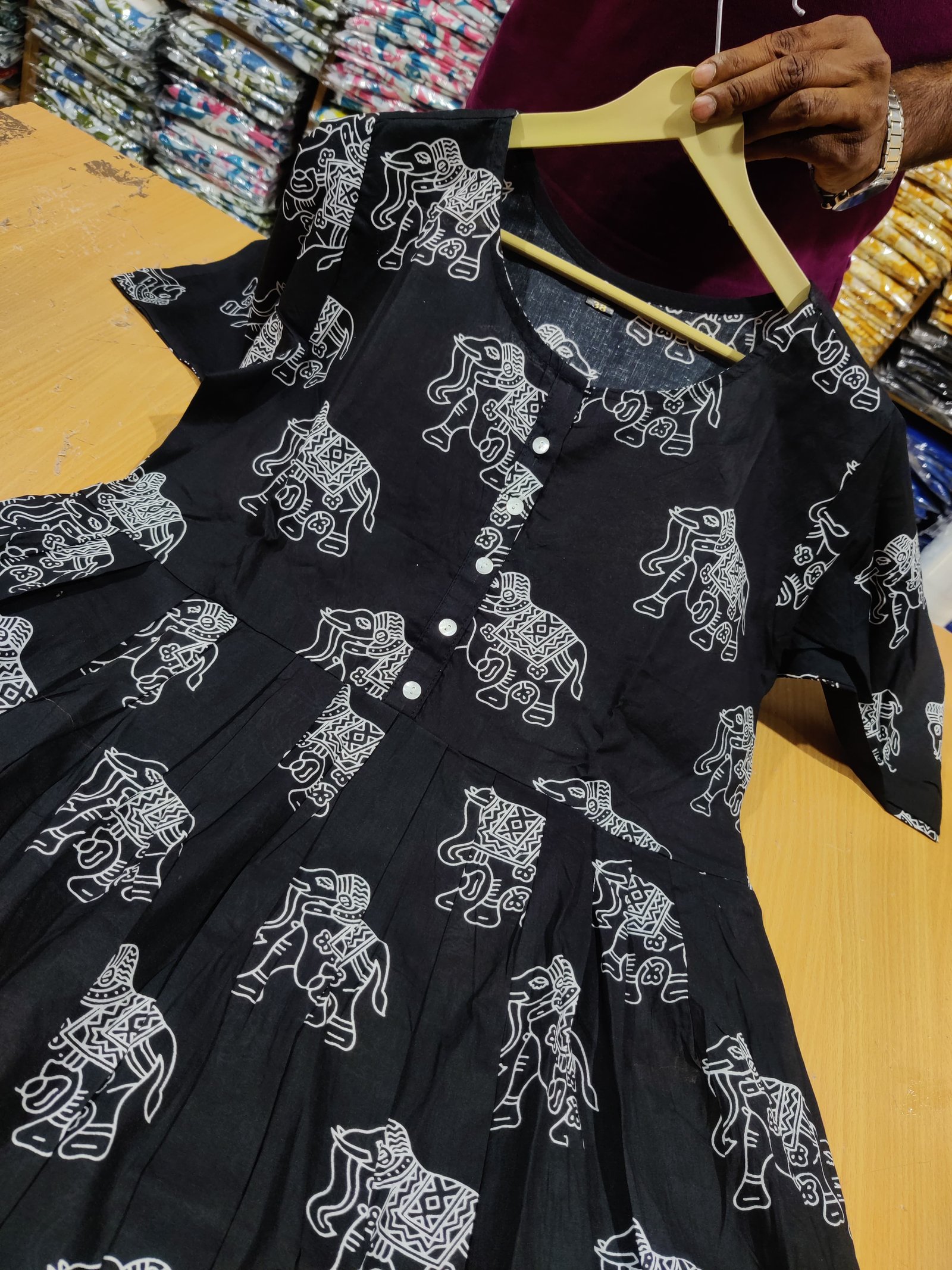 Black Printed Cotton Midi Gown Dress